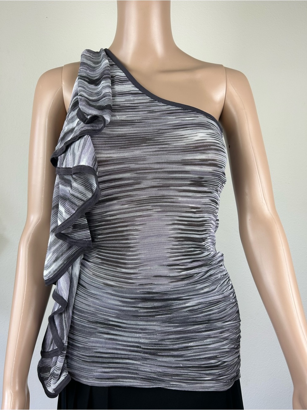 Marciano One-Shoulder Ruffle Ruched Top - Gray Striped